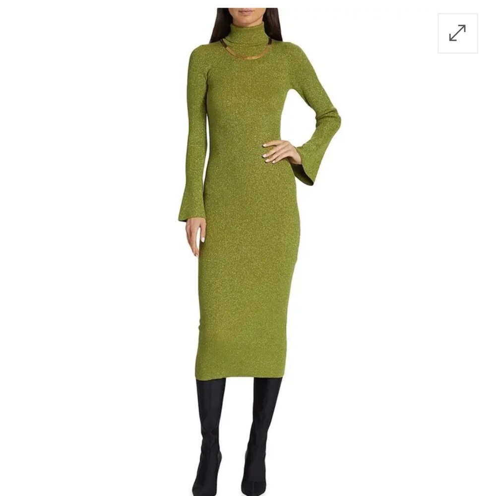 NWT $498 Revolve Ronny Kobo Chariuna Rib-Knit Turtleneck MIDI Dress - Green XS